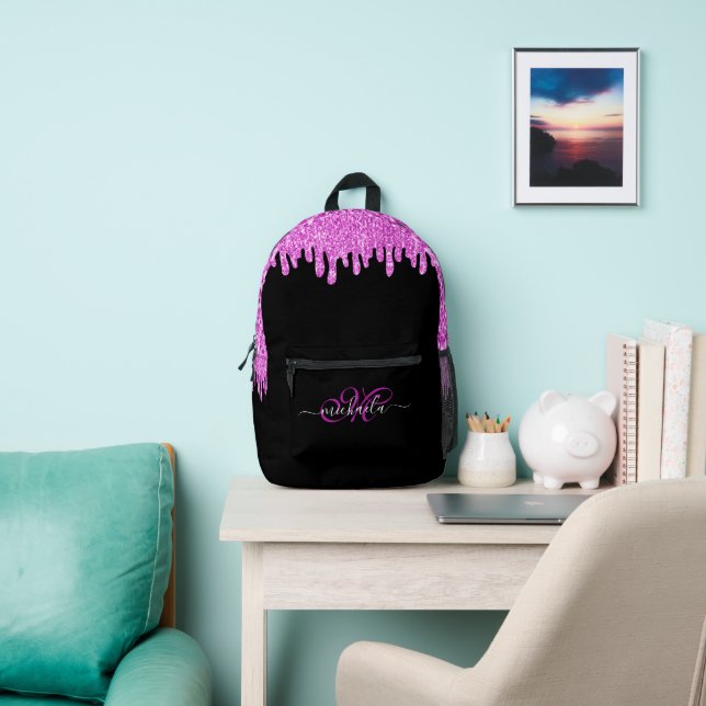 Tropfende Glitzern rosa Lavendel und schwarze Mono Bedruckter Rucksack (InSitu)