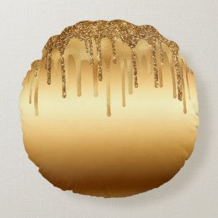 Tropfende goldene Lack Glitter Akzente Funkelnd Rundes Kissen