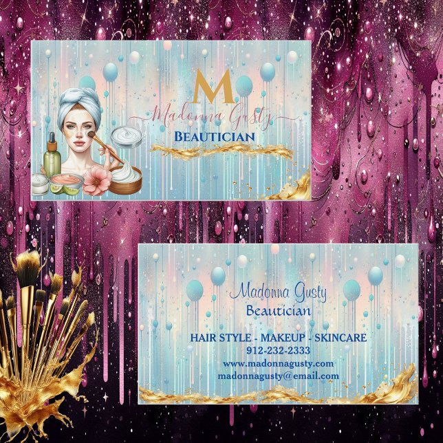 Tropfende Pastel Blue Gold Monogram Beautician Chi Visitenkarte (Dripping Pastel Blue Gold Monogram Beautician Chic Business Card)