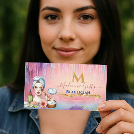 Tropfende Pastel Pink Gold Monogram Beautician Chi Visitenkarte