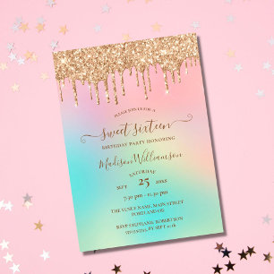 Tropfendes Gold Glitter & Regenbogen Sweet 16 Gebu Einladung