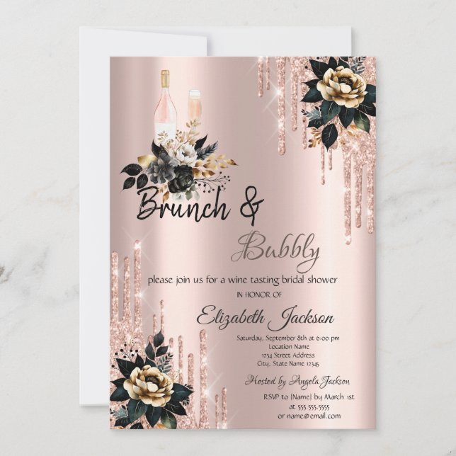 Tropfens Black Rose Brunch & Bubbly Brautparty Einladung (Vorderseite)