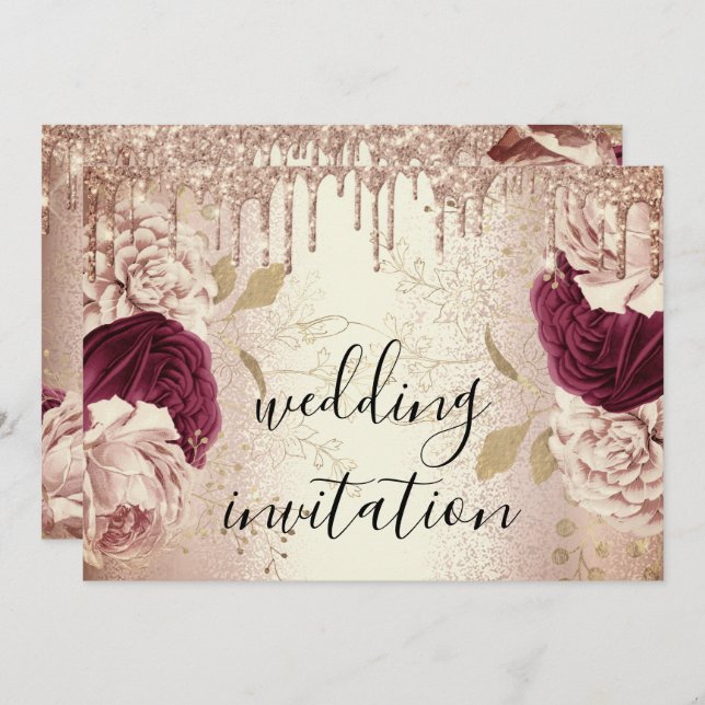 Tropfens Marsala Wedding Rose Gold Rose Burgund Einladung (Vorne/Hinten)
