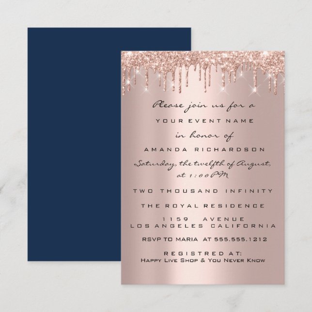 Tropfens Rosen Navy Brautparty Birthaday Party Einladung (Vorne/Hinten)