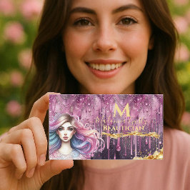 Tropfpastel Magenta Gold Monogram Beautician Visitenkarte