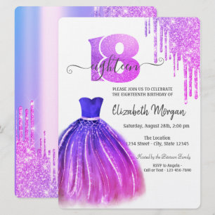 Tropft Violett Chic Kleid Silber 18. Geburtstag Einladung