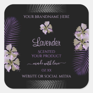 Tropic Black Product Labels Lila Hawaii-Blume Quadratischer Aufkleber