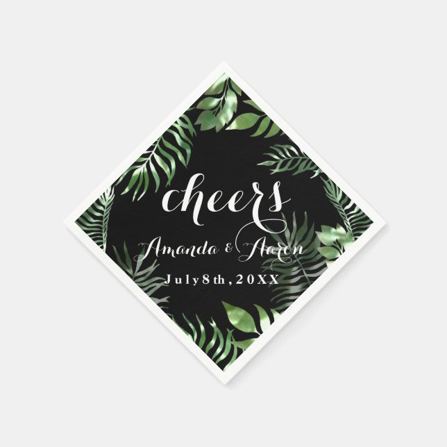 Tropic Green Leafs Schwarz-weiß Floral Cheers Serviette (Ecke)