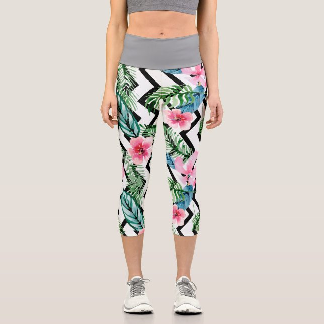 Tropic Motion - Palm & Hibiskus Capri Leggings (Vorderseite)