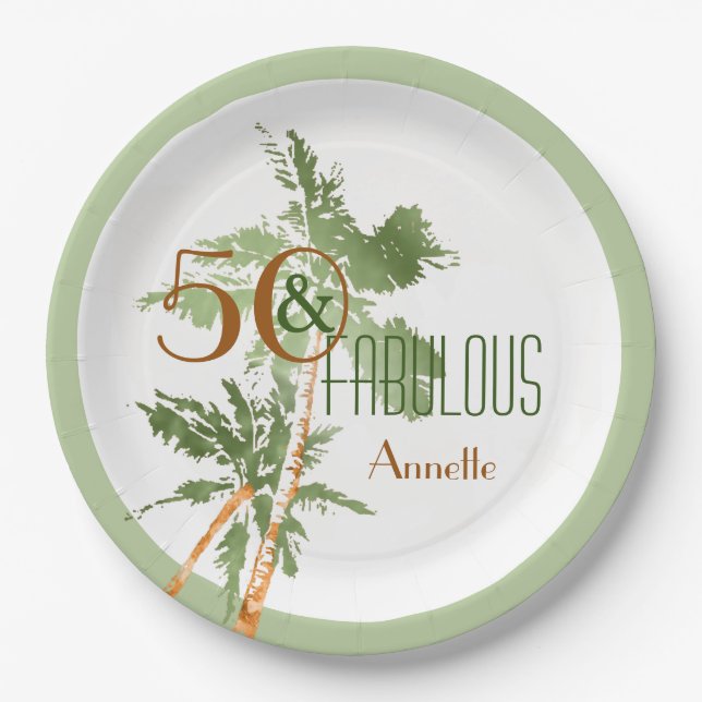 Tropical 50 & Fabulous Palmen 50. Geburtstag Pappteller (Vorderseite)