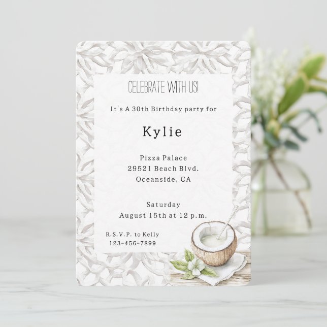 Tropical Aloha Coconut Blume Geburtstag Einladung (Stehend Vorderseite)