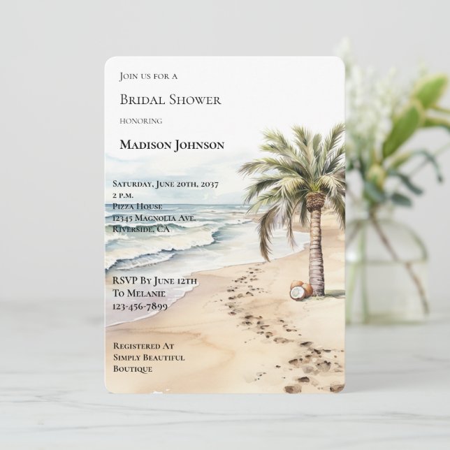 Tropical Aloha Coconuts Palm Tree Brautparty Einladung (Stehend Vorderseite)