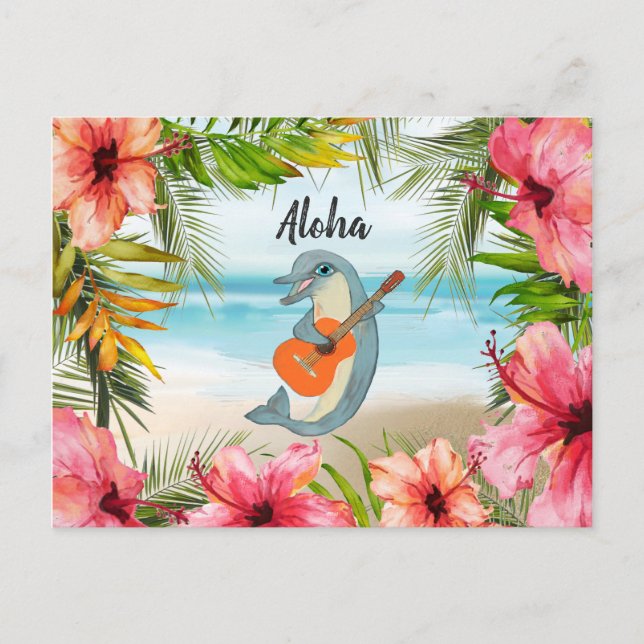 Tropical Aloha Denken Sie an Sie Dolphin Guitar Postkarte (Vorderseite)
