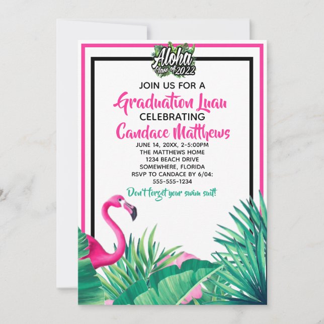 Tropical Aloha Flamingo Abschluss Luau 2022 Einladung (Vorderseite)