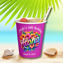 Tropical Aloha Hawaiian Birthday Luau Lila Pappbecher
