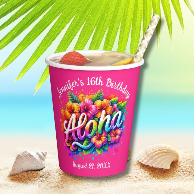 Tropical Aloha Hawaiian Birthday Luau Pink Pappbecher (Von Creator hochgeladen)