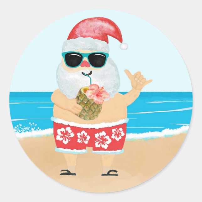 Tropical Aloha Hawaiian Santa Beach Runder Aufkleber (Vorderseite)