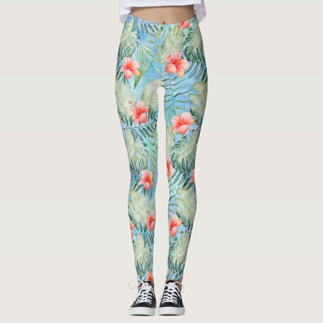 Tropical Aloha Hibiskus Floral Leggings (Vorderseite)