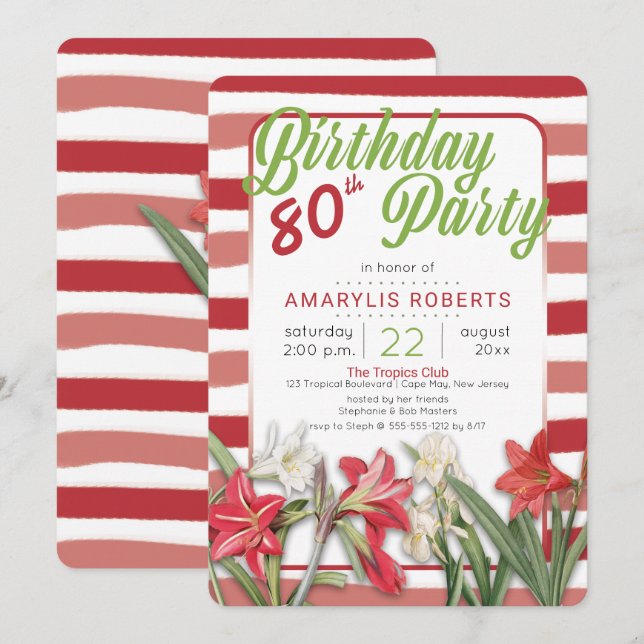 Tropical Amaryllis Striped 80. Geburtstagsparty Einladung (Vorne/Hinten)
