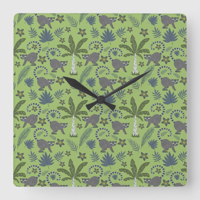 Tropical animals seamless pattern green and grey quadratische wanduhr (Vorderseite)