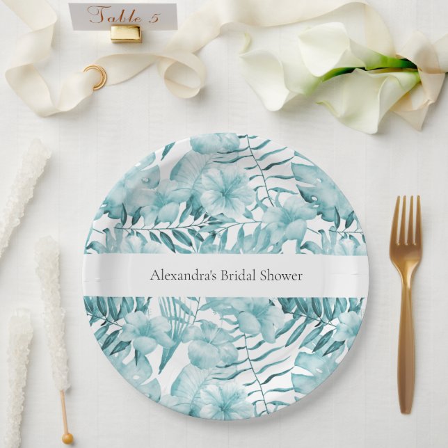 Tropical Aqua Blue Floral Blätter Brautparty Pappteller (Hochzeit)