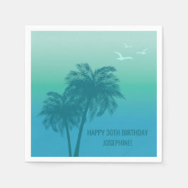 Tropical Aqua Blue Palm Trees Happy Birthday Serviette