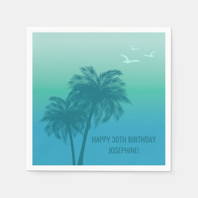 Tropical Aqua Blue Palm Trees Happy Birthday Serviette (Vorderseite)