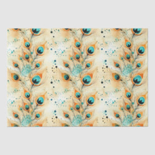Tropical Aqua Peach Orange Peacock Feathers Seidenpapier