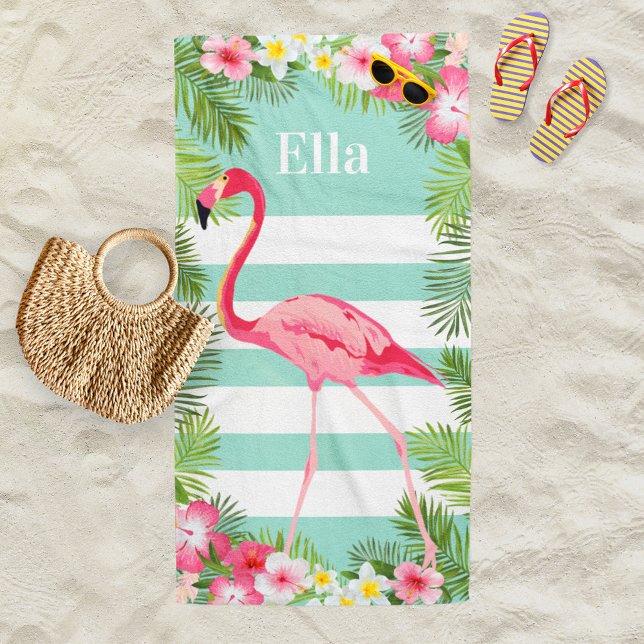 Tropical Aqua Pink Flamingo Floral Custom Monogram Strandtuch (Von Creator hochgeladen)