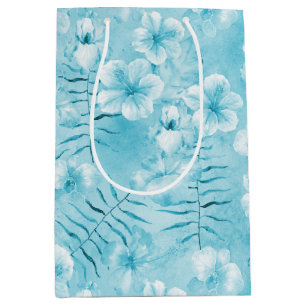 Tropical Aqua White Orchias Hibiskus Floral Mittlere Geschenktüte