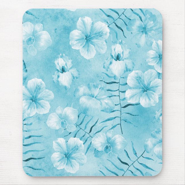 Tropical Aqua White Orchias Hibiskus Floral Mousepad (Vorne)