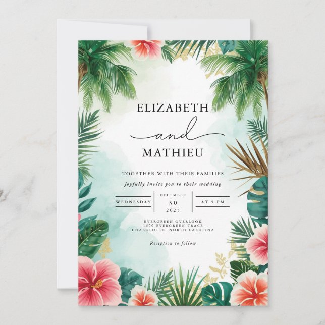 Tropical Arch Foliage Wedding Einladung (Vorderseite)
