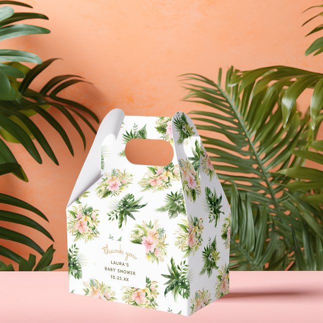 Tropical Baby Dusche Floral Vielen Dank Geschenkschachtel (favor box mockup for a tropical baby shower with jungle leaves and flowers, botanical pattern)
