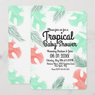 Tropical Baby Dusche Wasserfarbe Monstera Coral Einladung
