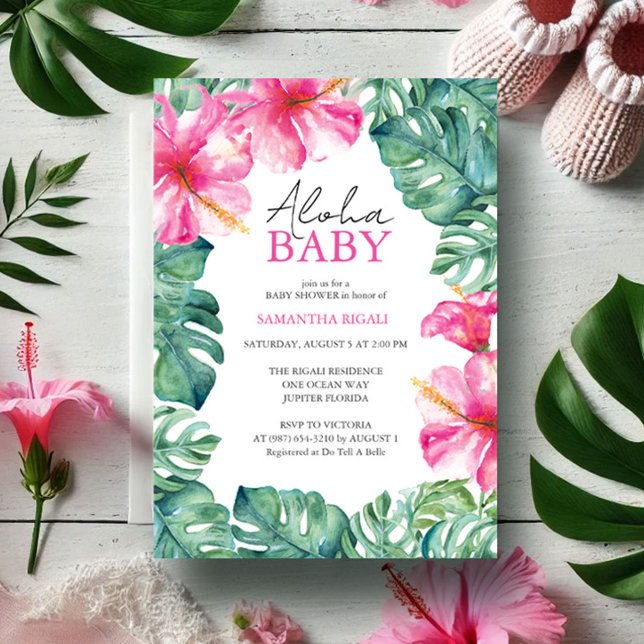 Tropical Baby Shower Einladungen Aloha (Baby shower invitations feature tropical pink flowers & monstera palm leaf art Victoria Grigaliunas)