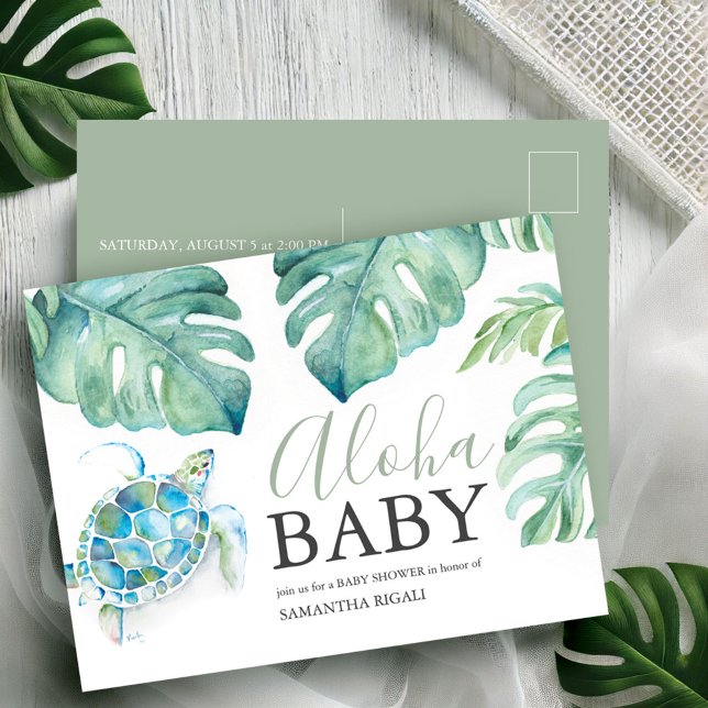 Tropical Baby Shower Einladungen Aloha Postcard (Tropical baby shower invitation postcard watercolor sea turtle palm leaf art by Victoria Grigaliunas)