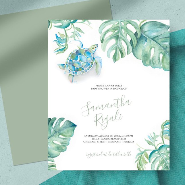 Tropical Baby Shower Einladungen Aquamarin Sea Tur (Tropical baby shower invitations features a watercolor teal sea turtle with green monstera leaves)