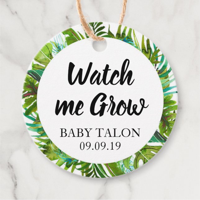 Tropical Baby Shower Watch Me Grow Pflanze Fevor T Geschenkanhänger (Vorderseite)