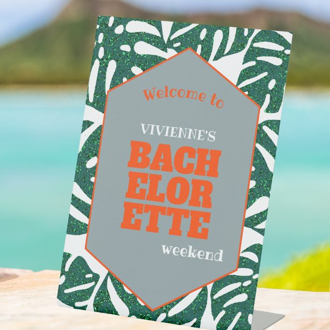 Tropical Bachelorette Monstera Leaves Welcome Sockelschild (tropical bachelorette party welcome sign glitter monstera green and orange bachelorette welcome)
