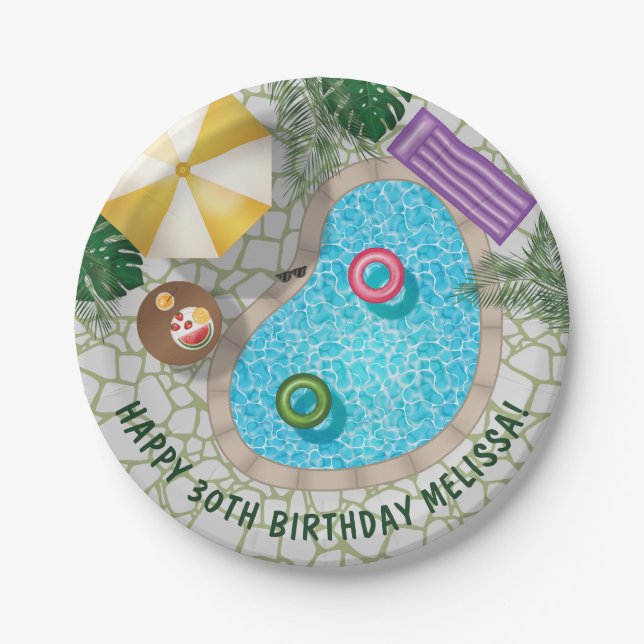 Tropical Backyard Pool Summer Pool Birthday Party Pappteller (Vorderseite)
