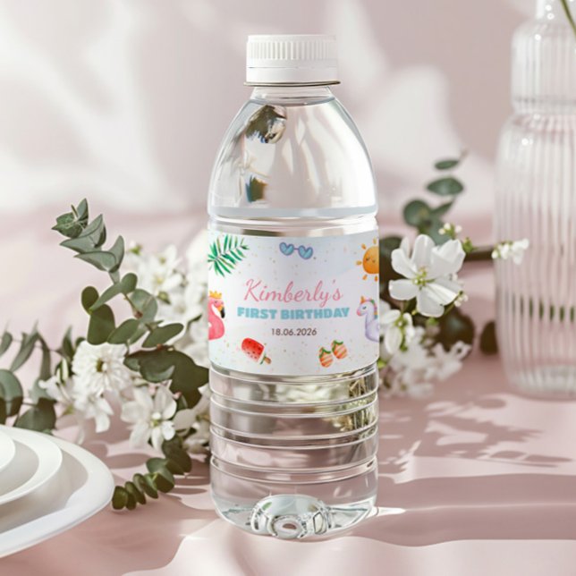 Tropical Beach 1. Geburtstag Party Wasserflaschenetikett (Von Creator hochgeladen)