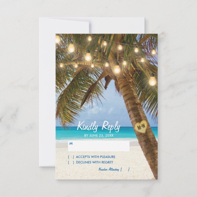 Tropical Beach and String Lights Wedding RSVP Karte (Vorderseite)