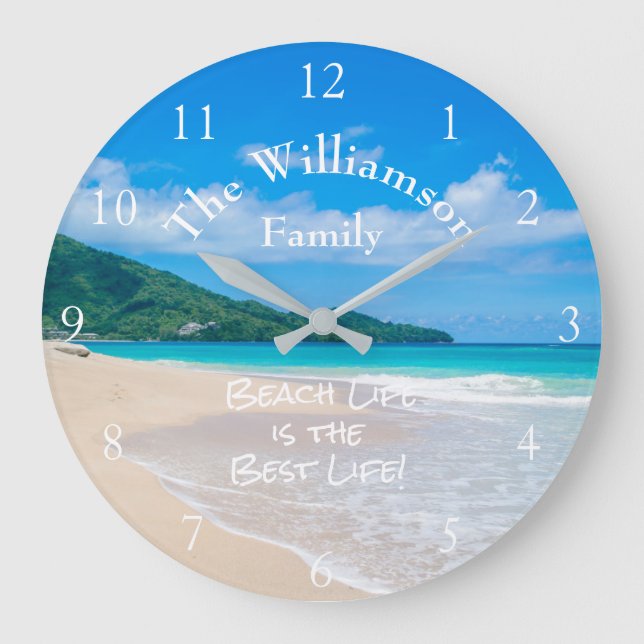 Tropical Beach Aqua Ocean White Sand Waves Große Wanduhr (Vorderseite)