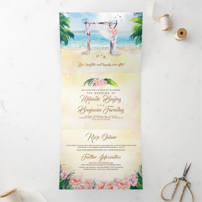 Tropical Beach Arbour Romantische Hochzeit Dreifach Gefaltete Karte (Innenseite)