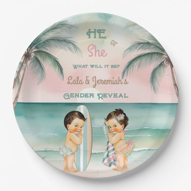 Tropical Beach Baby Gender offenbaren Blush Sage Pappteller (Vorderseite)
