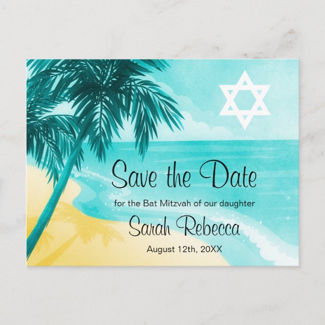 Tropical Beach Bat Mitzvah Save the Date Ankündigungspostkarte (Vorderseite)