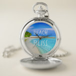 Tropical Beach Bliss Taschenuhr<br><div class="desc">Diese stilvolle Taschenuhr ist für diejenigen, die von Stränden träumen! Es ist mit einer schönen Szene am Strand und den Worten Beach Bliss dekoriert. Passen Sie es mit Ihren eigenen Worten an und fotografieren Sie, wenn Sie möchten</div>