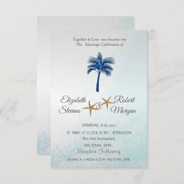 Tropical Beach Blue Glitzer Palm Wedding Einladung (Vorne/Hinten)