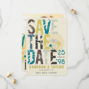 Tropical Beach Blue Palm Trees Grunge Text Foto Save The Date