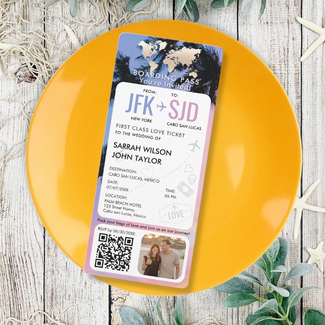 Tropical Beach Boarding Pass Ticket Zielort Einladung (modern vertical boarding pass wedding invitation with tropical beach background IN PINK AND BLUE)